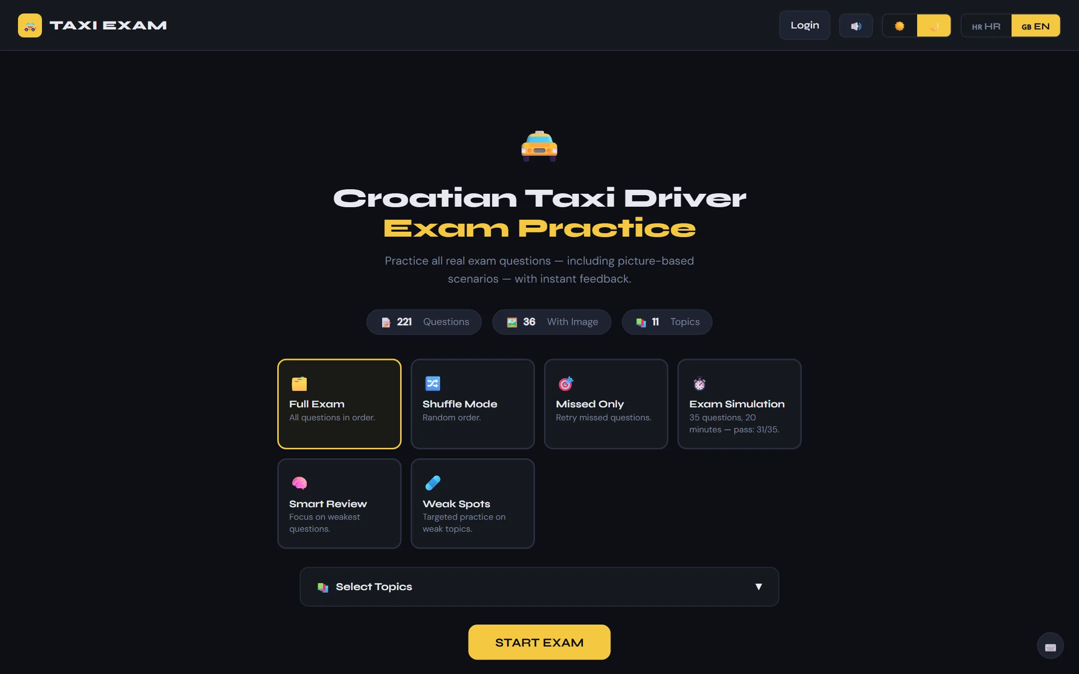 The start page of Taxi Exam with the practice modes to choose from